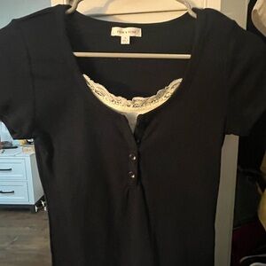 Pink Rose Black Short Sleeve Henley Top with Lace Trim Detail